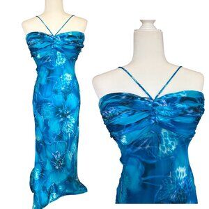 Y2K Vintage Cache Silk Floral Gown dress Blue Criss Cross Halter Y2K Size ^
